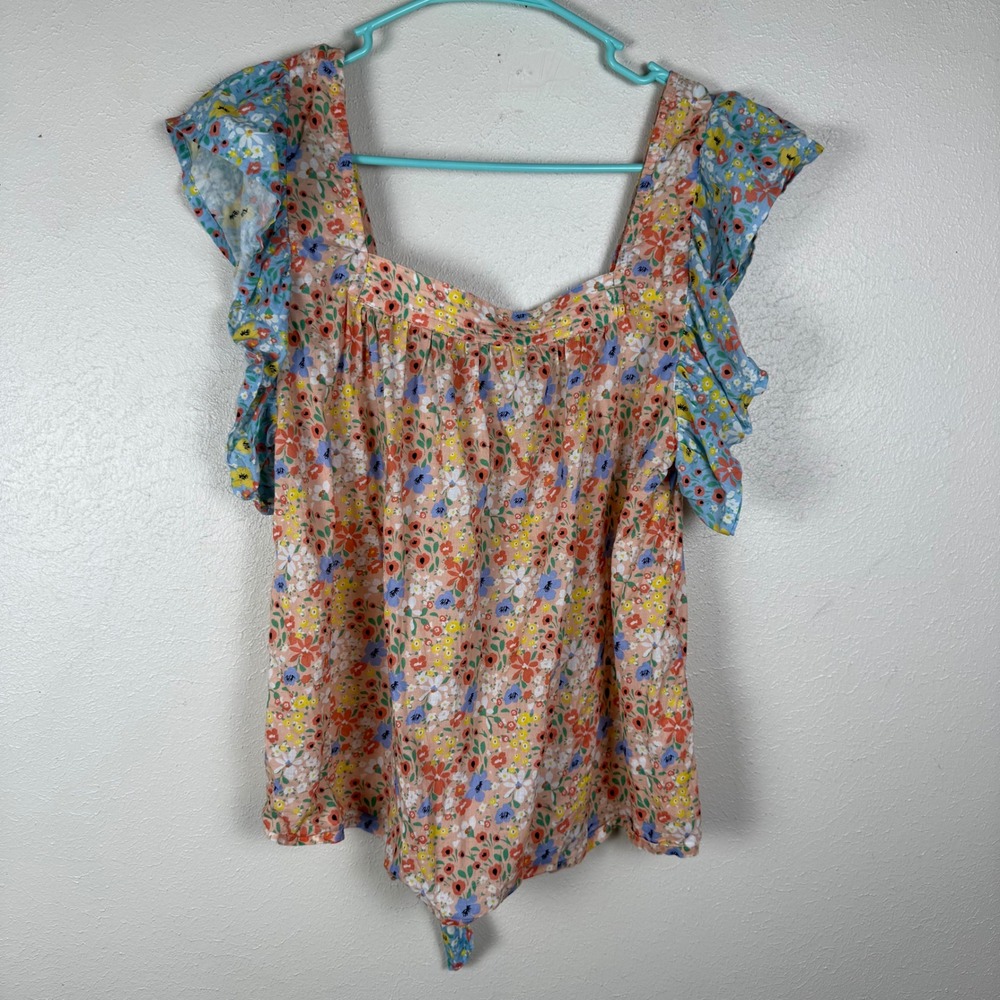 Ophelia & Indigo Floral Ruffle Sleeve Tie Back Cotton‎ Top Peach Blue Womens M